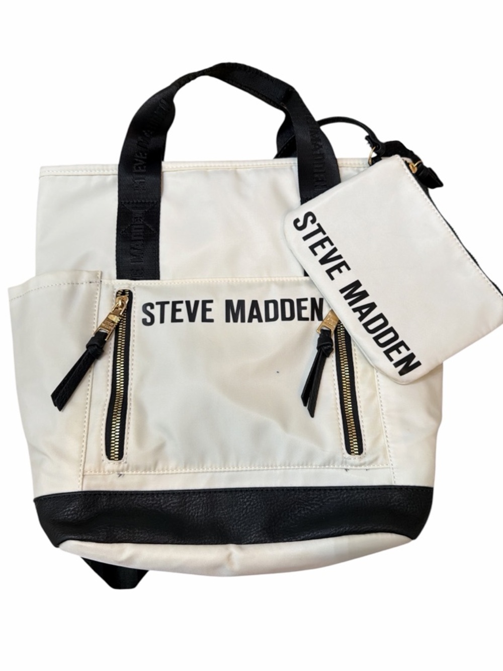 Steve Madden Travel Backpack Convertible Tote Cream Black NWT w/ Pouch - Picture 10 of 12